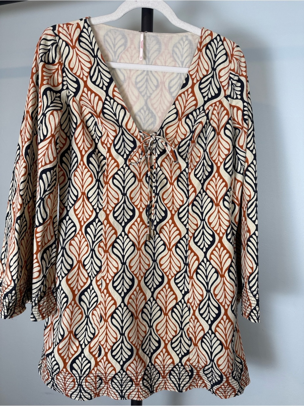 Free People Gia Shift Mini Dress Retro Geometric Fan Print Orange Boho Small EUC
